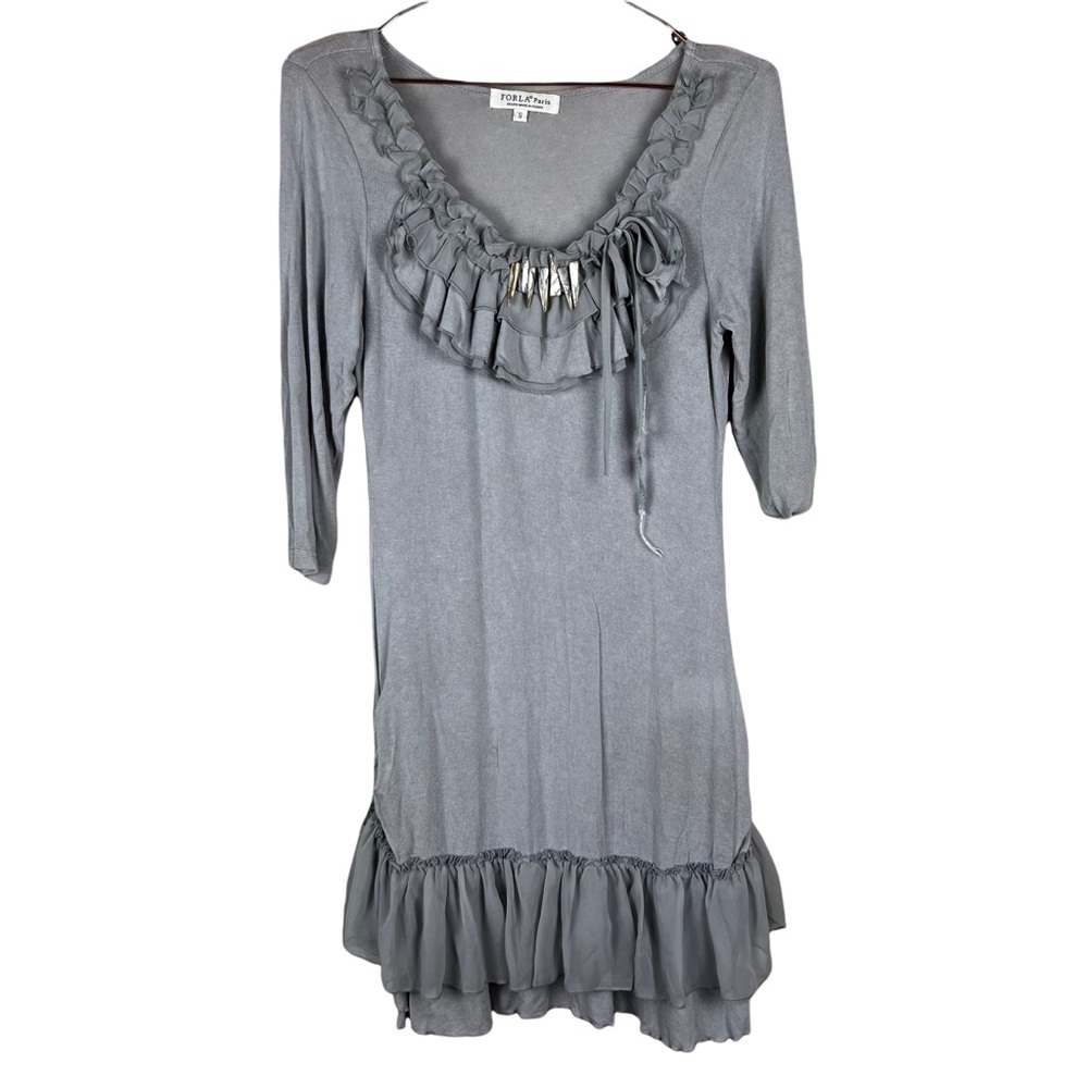 Flora Paris Grey Ruffle Dress Lagenlook Art To Wear Steam Punk - Size Small